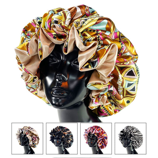 Women Satin Bonnet Cap Double Layer Silky Big Bonnet for Goddess Printing Sleep Cap Head Wrap
