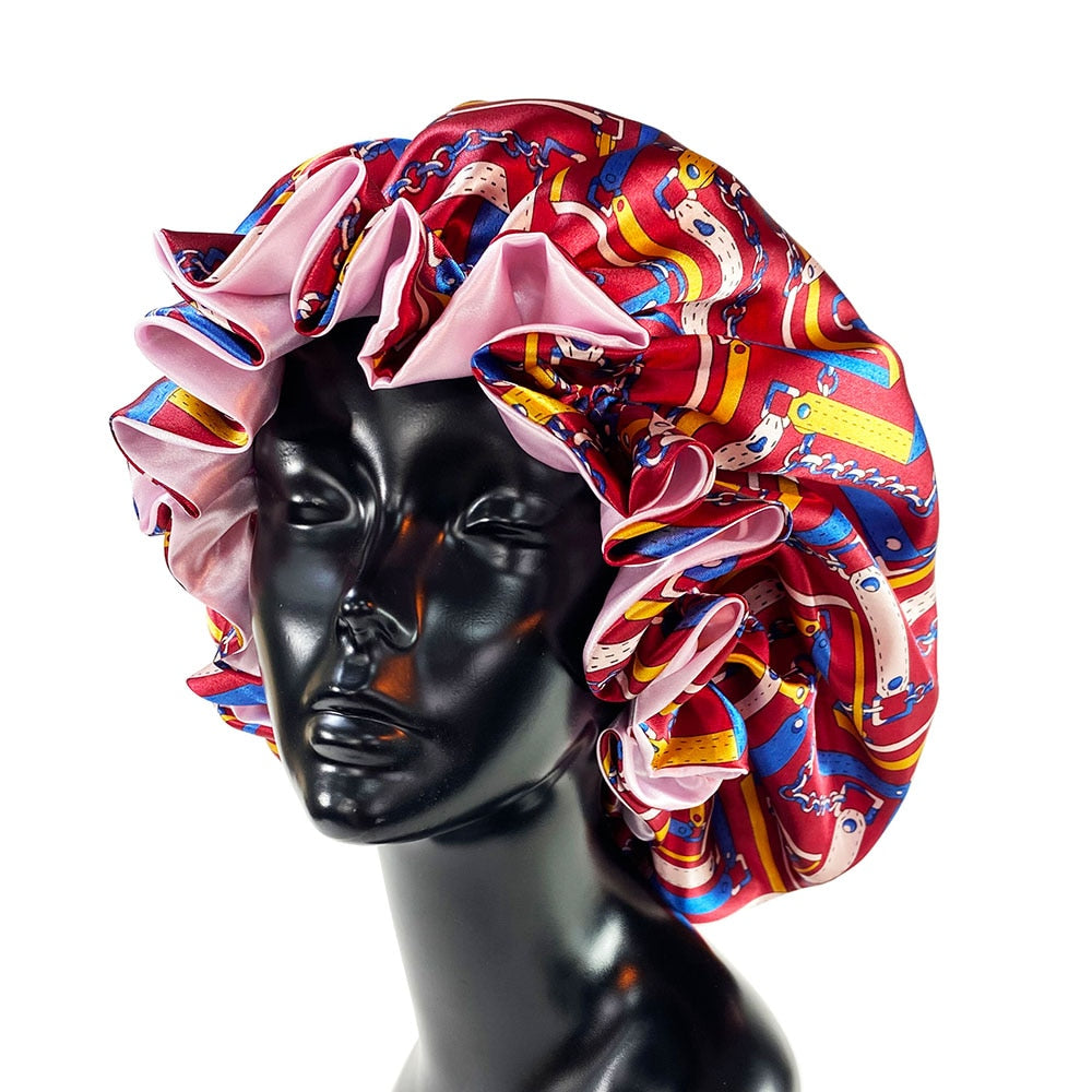 Women Satin Bonnet Cap Double Layer Silky Big Bonnet for Goddess Printing Sleep Cap Head Wrap