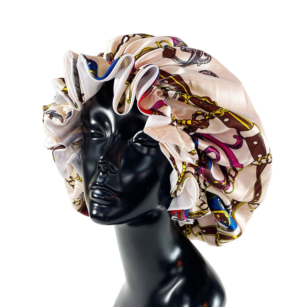 Women Satin Bonnet Cap Double Layer Silky Big Bonnet for Goddess Printing Sleep Cap Head Wrap