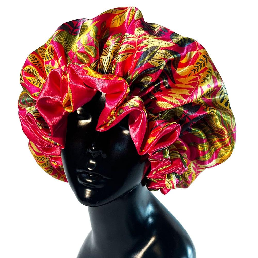 Women Satin Bonnet Cap Double Layer Silky Big Bonnet for Goddess Printing Sleep Cap Head Wrap