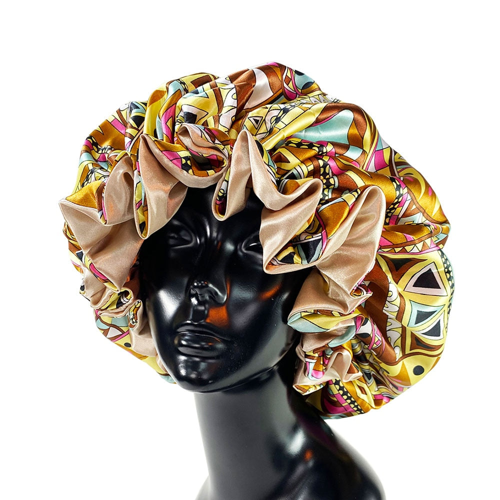 Women Satin Bonnet Cap Double Layer Silky Big Bonnet for Goddess Printing Sleep Cap Head Wrap
