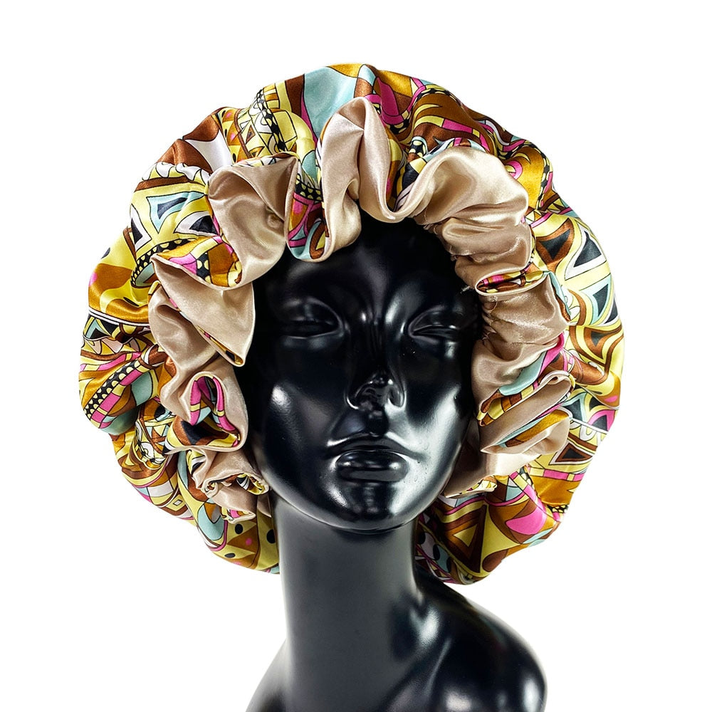 Women Satin Bonnet Cap Double Layer Silky Big Bonnet for Goddess Printing Sleep Cap Head Wrap