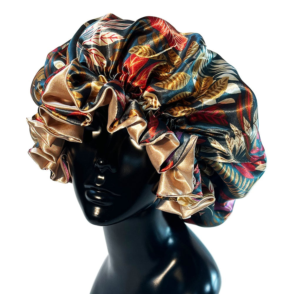 Women Satin Bonnet Cap Double Layer Silky Big Bonnet for Goddess Printing Sleep Cap Head Wrap