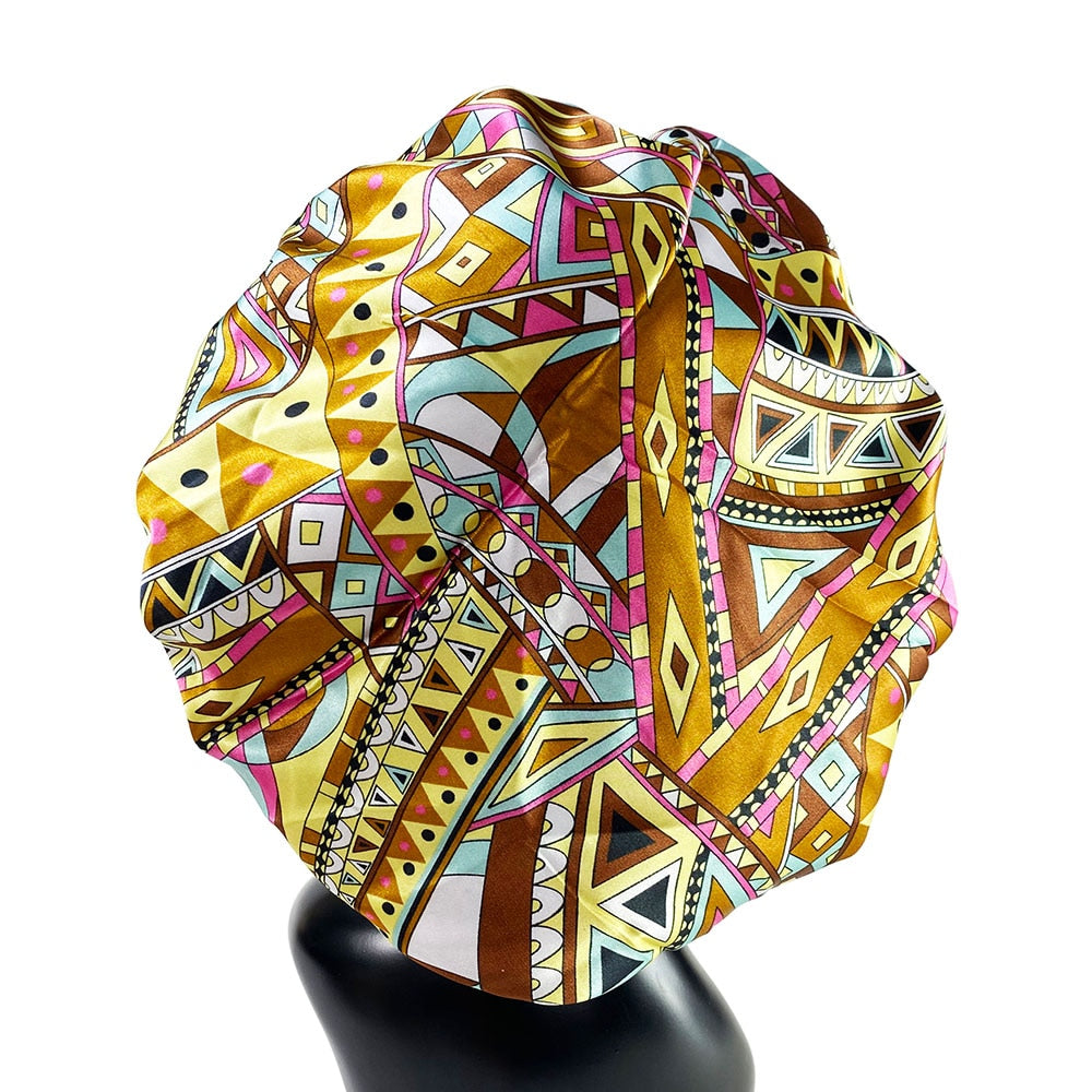 Women Satin Bonnet Cap Double Layer Silky Big Bonnet for Goddess Printing Sleep Cap Head Wrap