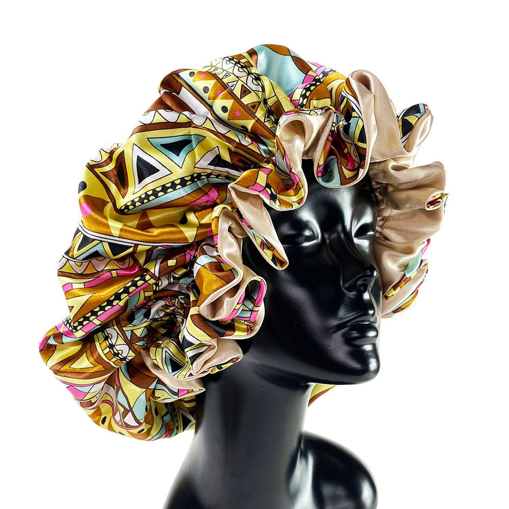 Women Satin Bonnet Cap Double Layer Silky Big Bonnet for Goddess Printing Sleep Cap Head Wrap