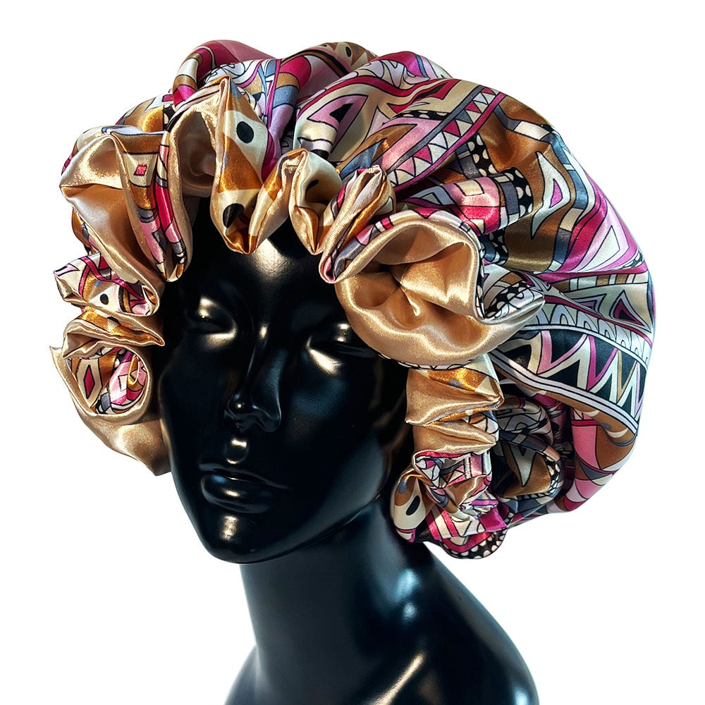 Women Satin Bonnet Cap Double Layer Silky Big Bonnet for Goddess Printing Sleep Cap Head Wrap